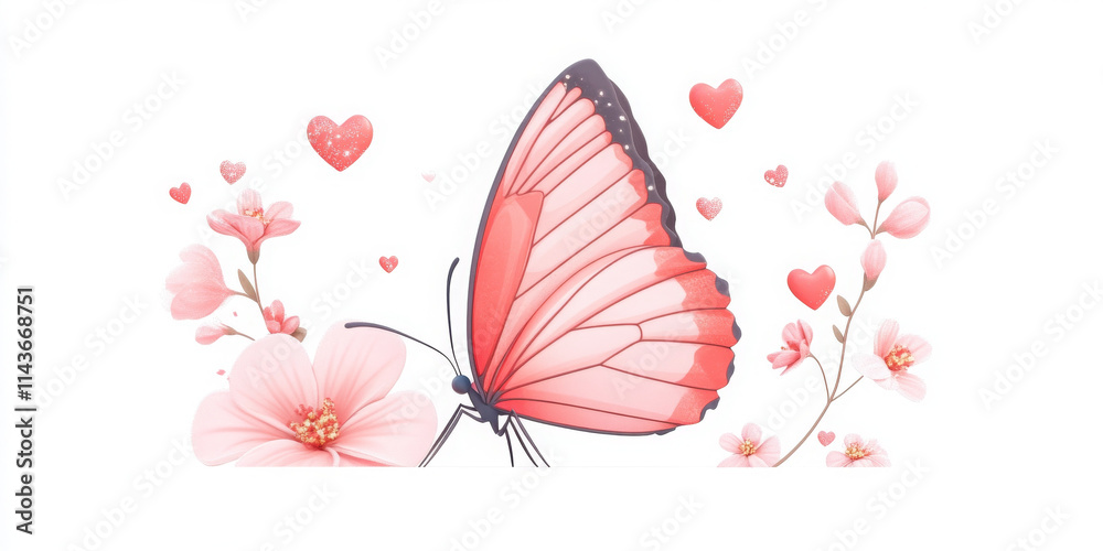 Fototapeta premium beautiful butterfly surrounded by pink flowers and hearts, evoking joy