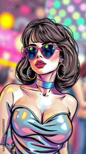Chic Woman Wearing Reflective Sunglasses And Stylish Metallic Dress With Bold Jewelry Surrounded By Colorful Neon Lights And Vibrant Atmosphere