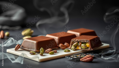 a chocolate with kadayif and pistachio spread. Generative AI photo