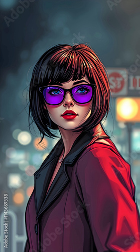 Confident Woman With Short Hair And Vibrant Purple Sunglasses Wearing A Red Jacket Highlighted By Dramatic Urban Night Lights