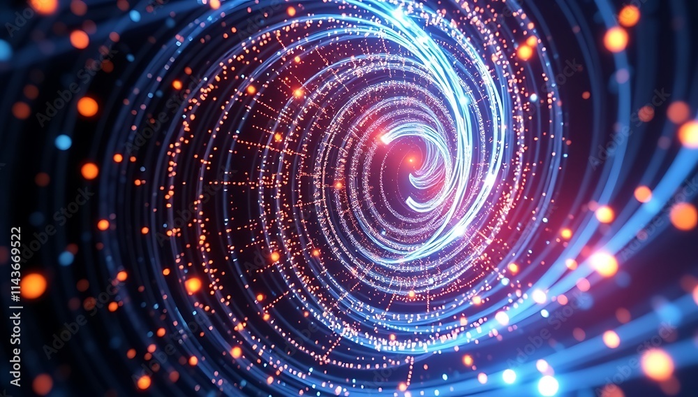 Abstract swirling light tunnel of blue and orange particles Abstract swirling light tunnel of blue and orange particles