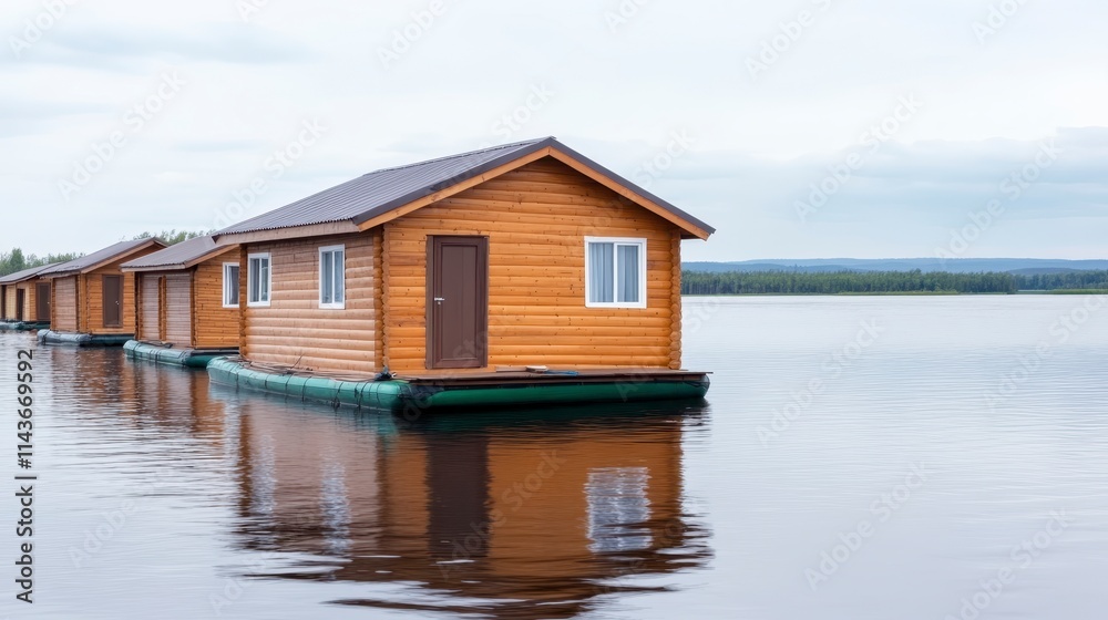 Wooden houseboats reflect on calm waters under a cloudy sky, creating a serene and picturesque lakeside scene. Wooden houseboats reflect on calm waters under a cloudy sky, creating a serene and picturesque lakeside scene.
