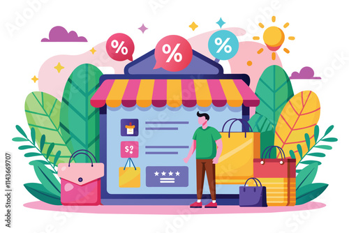 A vibrant online store displays attractive discounts on various products amidst lush greenery Online store promotion with big discounts and a flat illustration for sale.