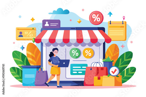 A colorful online shopping scene features discounts, shopping bags, and digital offers enticing customers Online store promotion with big discounts and a flat illustration for sale.