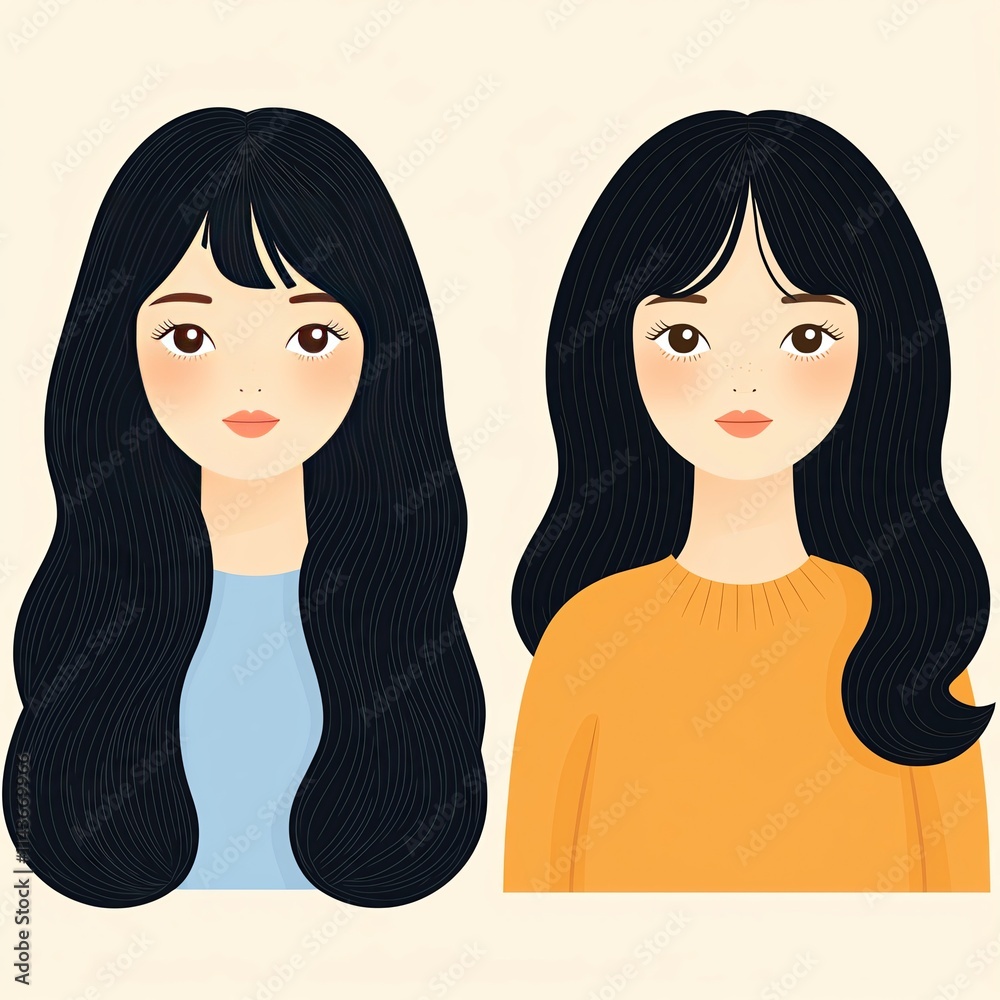 Illustration of two women with long hair. Illustration of two women with long hair.