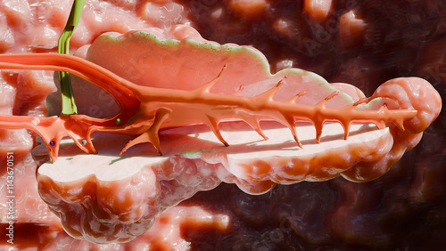 Pancreas cross section Anatomy, Human Abdomen, diabetes type 1 and 2, Internal Organs, duodenum and blood vessels, pancreatic, Insulin action, metabolic diseases, endocrine system, 3d render
