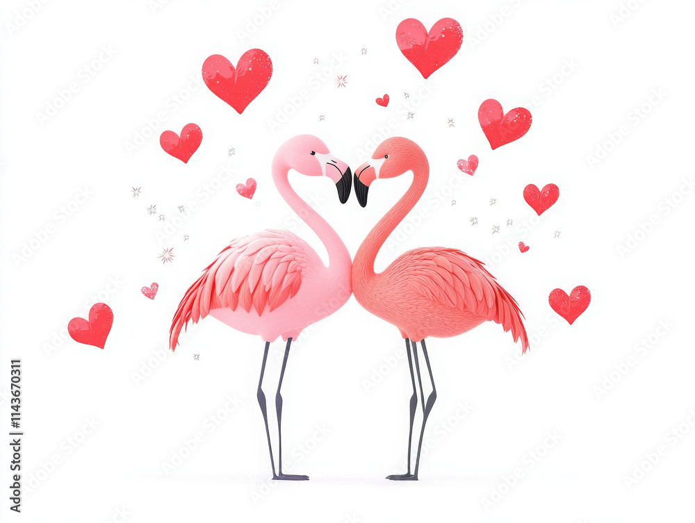 Fototapeta premium Flamingo couple surrounded by hearts, symbolizing love and affection