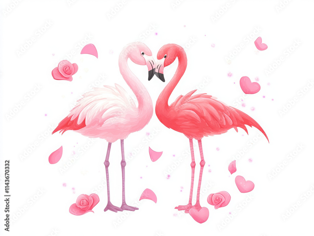 Obraz premium Flamingo couple surrounded by hearts and roses, expressing love and affection