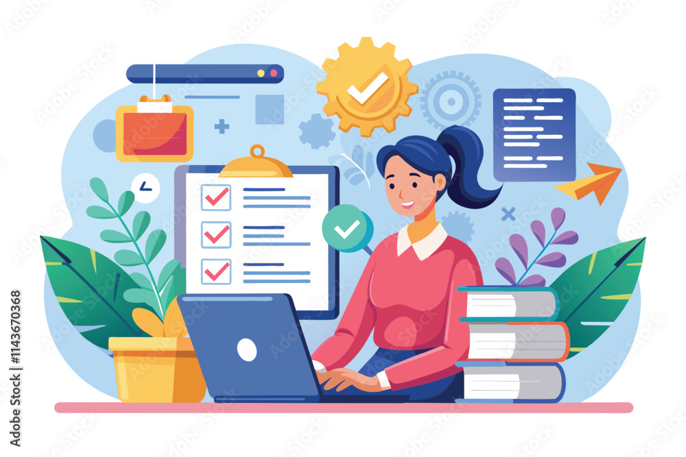 A student engages in online test preparation using a laptop, surrounded by study materials and tools Online test prep, flat illustration A student engages in online test preparation using a laptop, surrounded by study materials and tools Online test prep, flat illustration