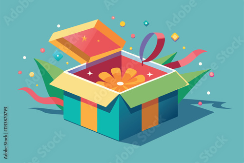 An open gift box displays a vibrant flower arrangement surrounded by colorful decorations Open gift box with a flat illustration.