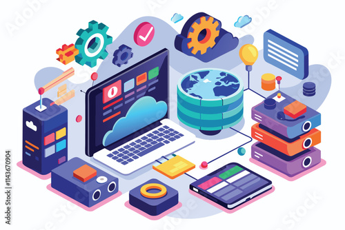 This visual highlights tools and tech for enhancing local data storage in internet-connected devices Optimizing local data storage for internet devices and web apps using flat illustrations.