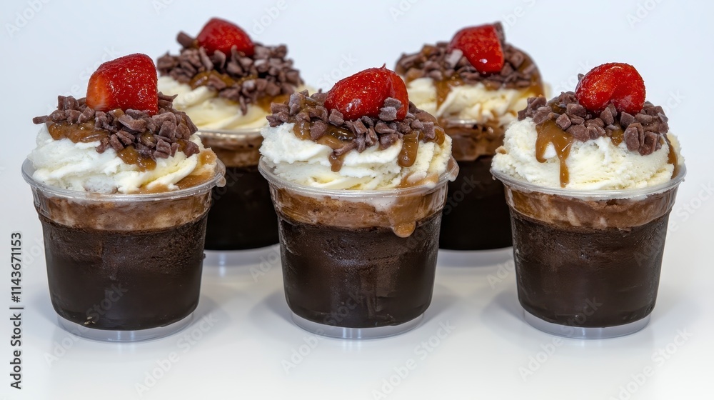 Five delicious chocolate desserts topped with whipped cream, chocolate shavings, and fresh strawberries. Five delicious chocolate desserts topped with whipped cream, chocolate shavings, and fresh strawberries.