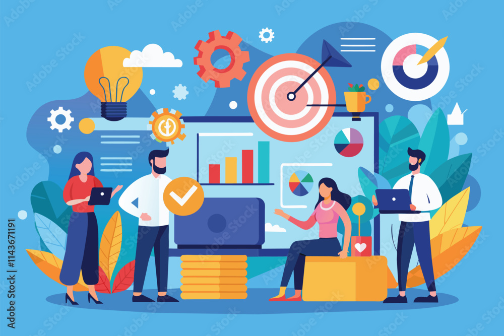 A group of professionals collaborates on business strategy using charts and technology to drive success Organize business strategy with a flat illustration. A group of professionals collaborates on business strategy using charts and technology to drive success Organize business strategy with a flat illustration.