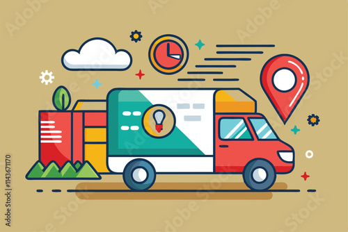 A colorful delivery truck is depicted with elements representing speed, location, and efficiency Order with fast delivery service, flat design