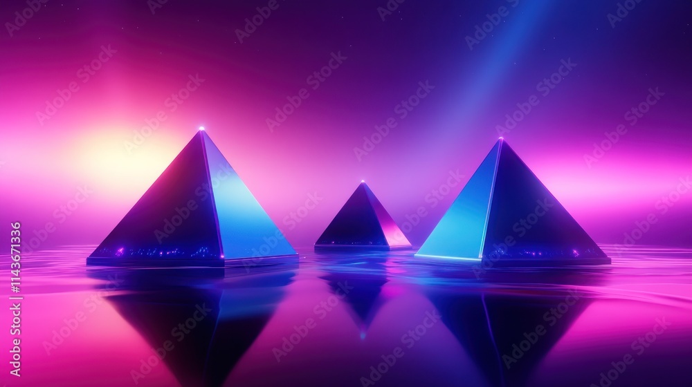 Three illuminated pyramids reflecting in a colorful, surreal environment. Three illuminated pyramids reflecting in a colorful, surreal environment.