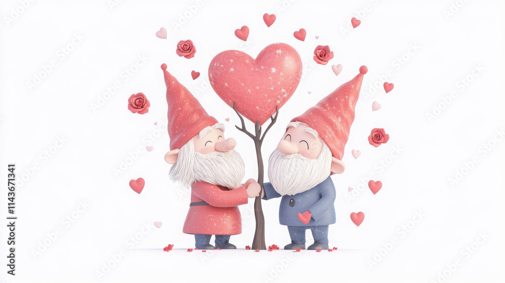 cheerful gnome couple holding hands by heart tree, surrounded by love cheerful gnome couple holding hands by heart tree, surrounded by love
