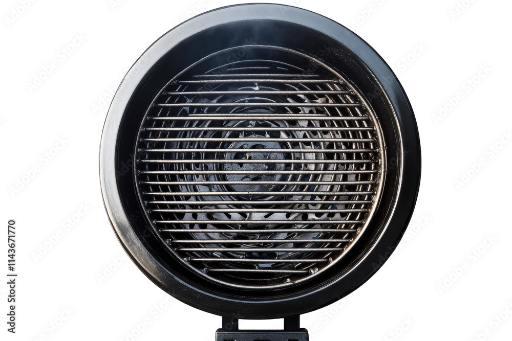 close-up of a round black air fryer with a metal grate inside steam is coming from the air fryer close-up of a round black air fryer with a metal grate inside steam is coming from the air fryer
