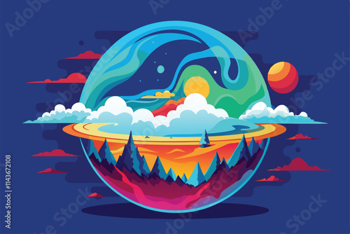 Artistic depiction showing ozone layer depletion with vibrant colors, planets, and a sunset landscape Ozone layer depletion shown in a customizable and disproportionate way.