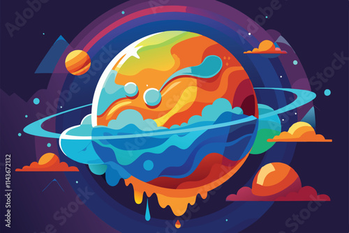 A colorful depiction showcasing ozone layer depletion affecting a planet amid cosmic elements Ozone layer depletion shown in a customizable and disproportionate way.