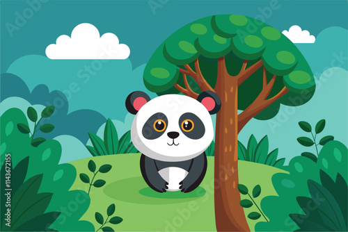 A cute panda curiously hides behind a tree, surrounded by vibrant greenery and softly rolling hills Panda hiding behind tree, flat drawing