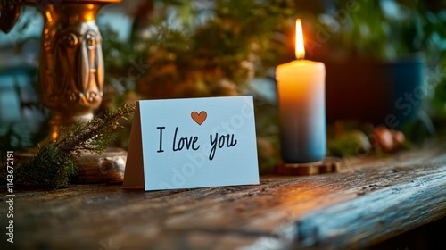 A handwritten I love you card on a wooden table with a lit candle