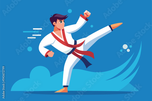 A skilled taekwondo practitioner performs a high kick, showcasing strength and technique in a vibrant setting Paralympic taekwondo illustration, customizable and flat.