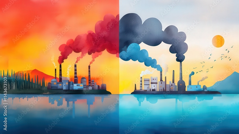 A child's drawing split into two scenes: a dreamlike natural haven and a grim industrial dystopia. A child's drawing split into two scenes: a dreamlike natural haven and a grim industrial dystopia.