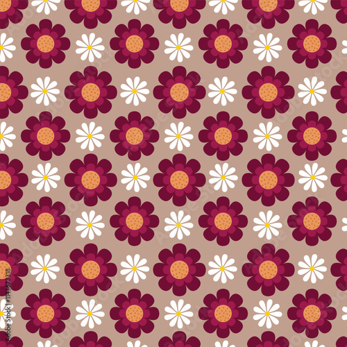 Seamless floral vector pattern with purple and white flowers on grey background for fashion, clothing, textile, stationary, packaging and other print.
