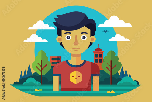 A young man with a calm expression stands in a vibrant park filled with trees and clouds Pay for a flat illustration.