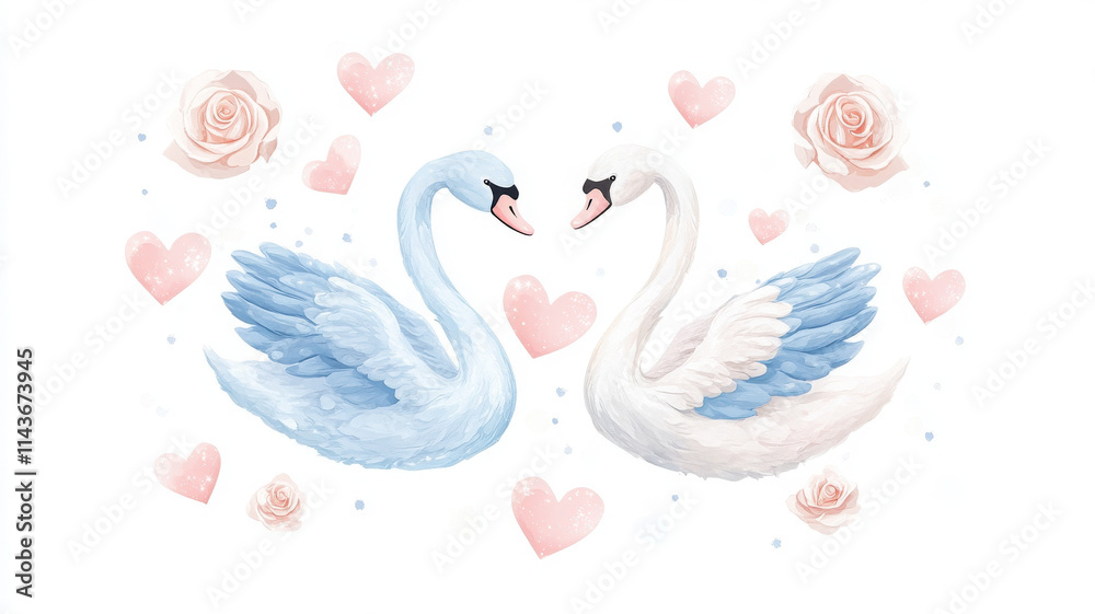 Fototapeta premium Elegant swans in romantic setting with hearts and roses surrounding them