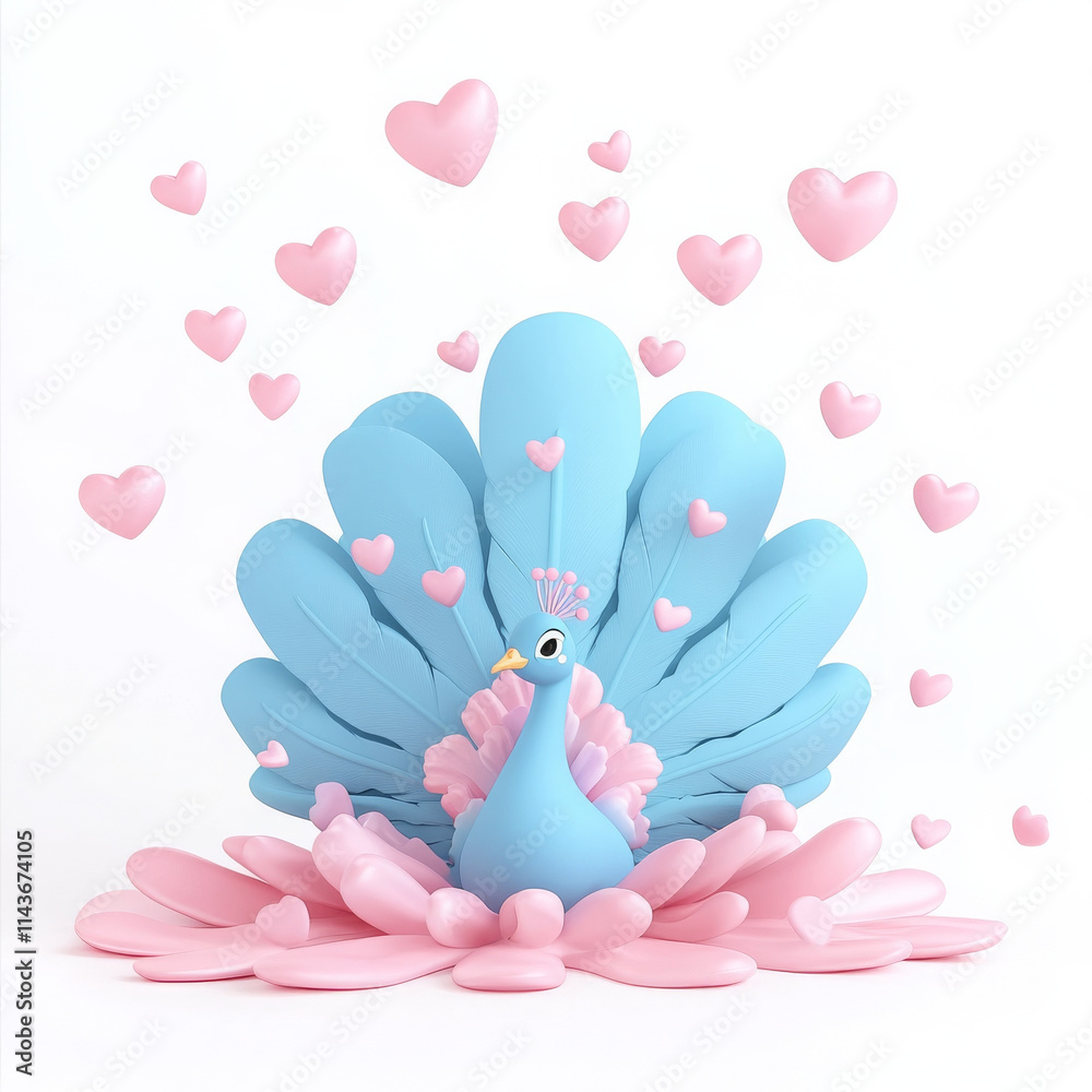 charming blue peacock surrounded by pink hearts and petals, evoking joy charming blue peacock surrounded by pink hearts and petals, evoking joy