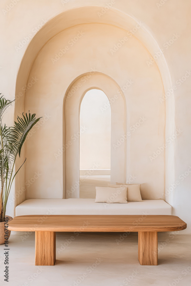 Modern minimalist interior with a wooden table and arched walls in a bright space Modern minimalist interior with a wooden table and arched walls in a bright space