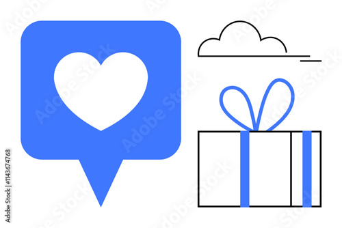 Heart icon inside chat bubble, wrapped gift box with ribbon, cloud in abstract style. Ideal for social media, communication, gift giving, celebrations, online interactions, notifications love