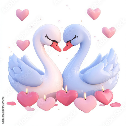 Fototapeta Naklejka Na Ścianę i Meble -  charming 3D cartoon design of swan couple surrounded by hearts and candles