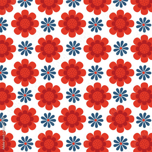 Seamless floral vector pattern with orange and blue flowers on white background for fashion, clothing, textile, stationary, packaging and other print.