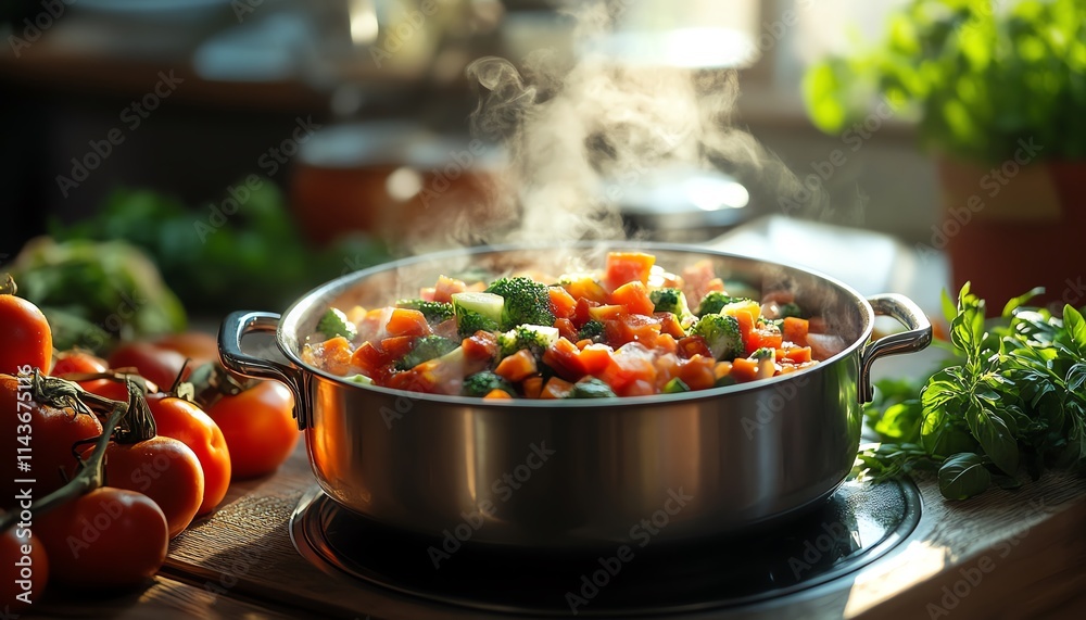 A pot of steaming vegetables on a rustic wooden table