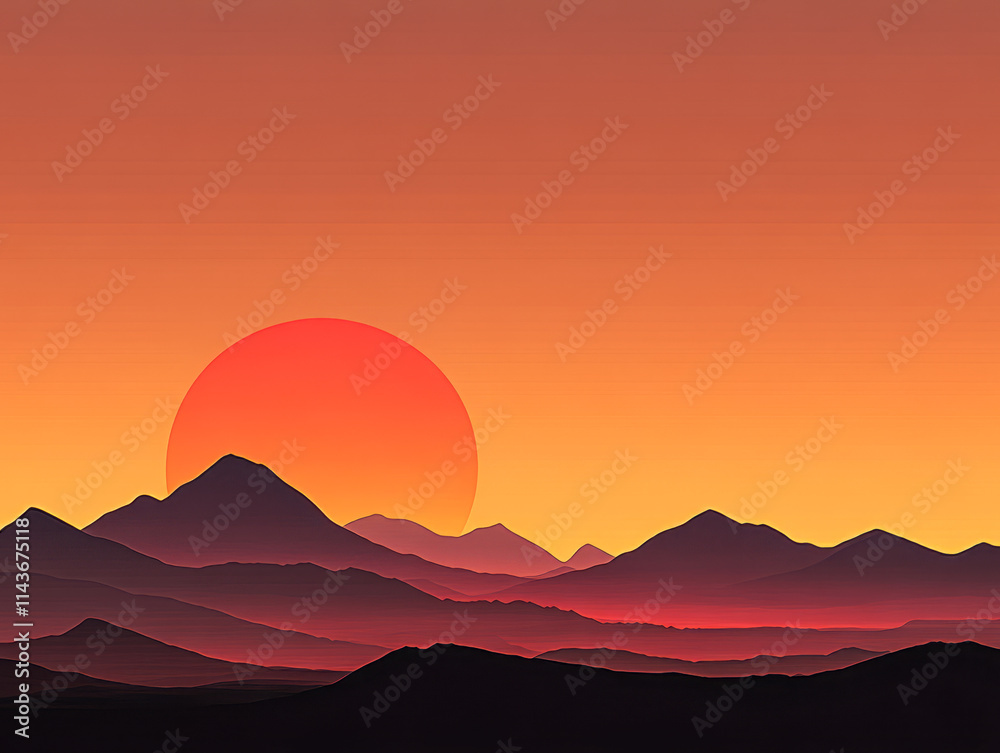 Vibrant sunset over mountain range with a large sun and gradient sky Vibrant sunset over mountain range with a large sun and gradient sky
