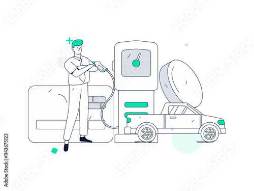 Vector Internet operation hand-drawn illustration of people getting discounts for refueling their cars
