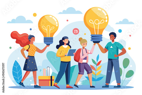 Four individuals engage in interactive brainstorming, sharing bright ideas illustrated by light bulbs People bring light bulb ideas with a learning concept in a flat illustration.