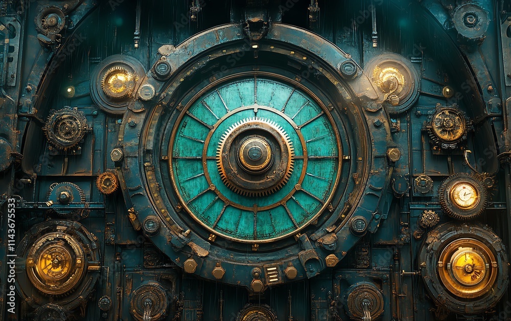 Fototapeta premium Industrial steampunk society, retrofuturistic elements with intricate clockwork gears, steampowered engines, and horology details, Victorian aesthetics, detailed vintage setting