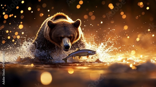 Bear hunting salmon in a river aquatic wildlife action nature vibrant evening environment