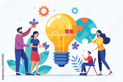 A group of individuals works together, assembling puzzle pieces to form a light bulb, showcasing creativity People connecting light bulb puzzle pieces, flat illustration.