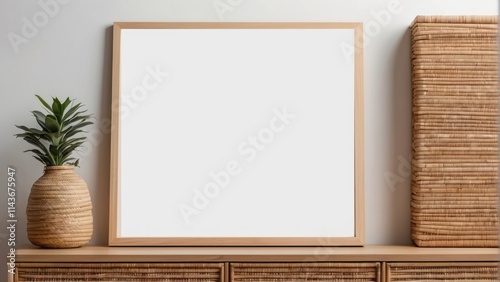 Wooden Frame Blank Canvas Plant Potted Rattan Cabinet