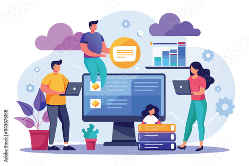 Workers at home face cloud disk challenges in a vibrant digital setting, People display issues with the cloud disk online database and monitor screen, using flat illustrations.
