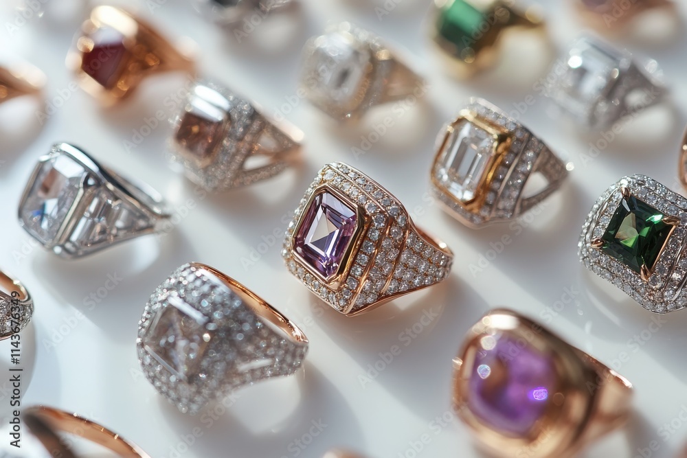 A close-up angled view of a collection of rose gold and silver rings placed on a glossy white surface A close-up angled view of a collection of rose gold and silver rings placed on a glossy white surface