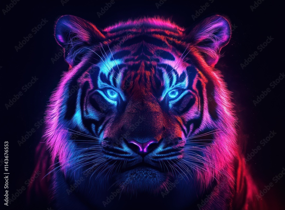 red tiger with glowing neon blue and purple fur, glowing eyes red tiger with glowing neon blue and purple fur, glowing eyes