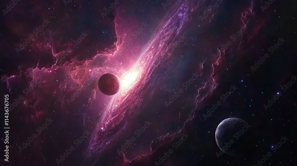 Obraz premium Vibrant nebula with planets and cosmic dust.