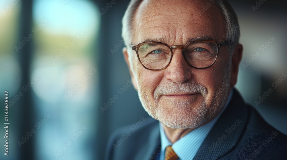 Fototapeta premium Senior businessman with grey beard and glasses smiling confidently in a modern office setting, showcasing professionalism and experience in a corporate environment.