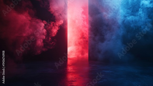 A red and blue smoke filled room with a red and blue pillar photo