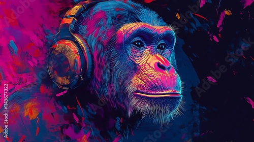 Vividly hued chimp with headphones digital painting surreal style. AI Generated photo